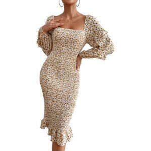 🆕Women’s White Yellow Floral Puff Sleeve Midi Bodycon Smocked Square Neck Dress